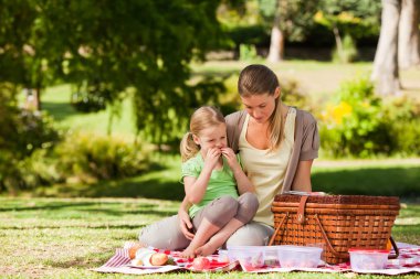 Mother and her daughter picnicking in the park clipart