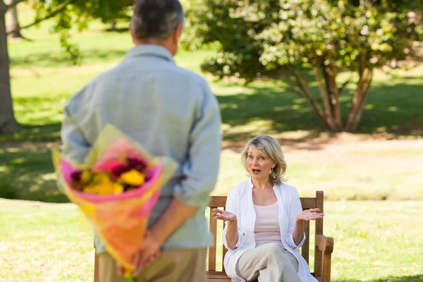 Mature man offering flowers to his wife — Stock Photo, Image