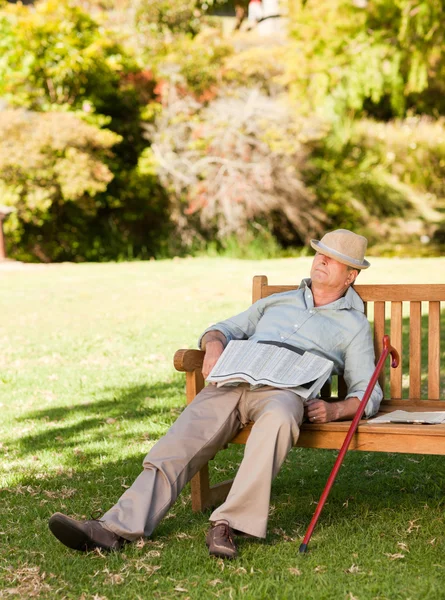 Uomo anziano che dorme sulla panchina — Foto Stock