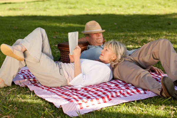 女性の読書は公園で彼女の夫が眠っている間 — ストック写真