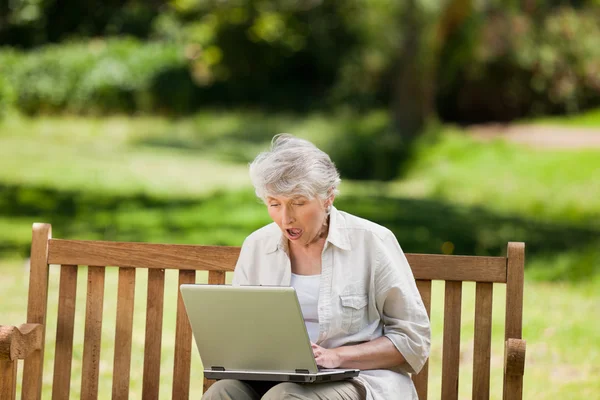 Mogen kvinna som arbetar på sin laptop på bänken — Stockfoto