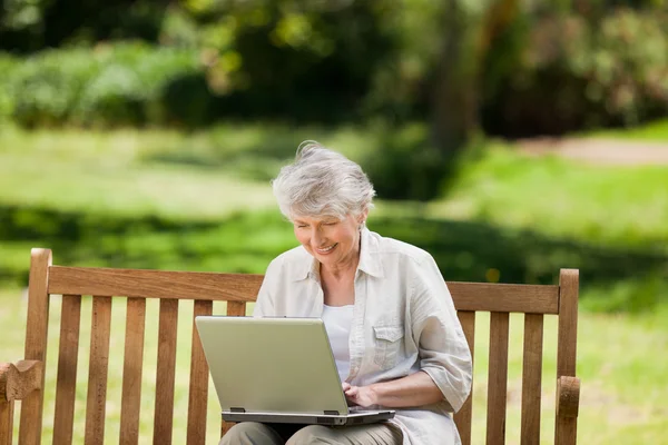 Mulher madura trabalhando em seu laptop no banco — Fotografia de Stock