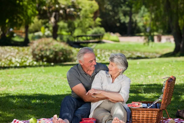 Ältere Paare picknicken im Garten — Stockfoto
