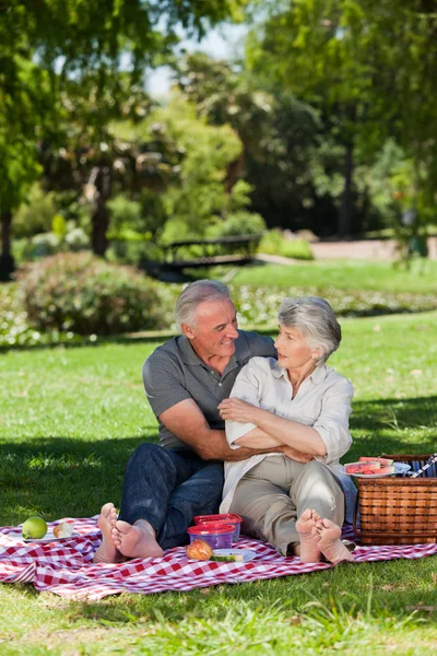 Ouder paar picknicken in de tuin — Stockfoto