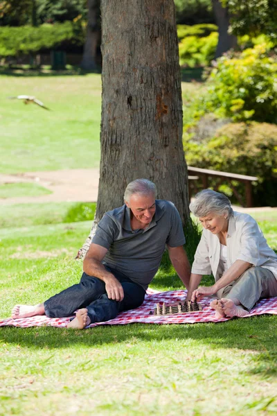 高级夫妇在花园里野餐 — 图库照片