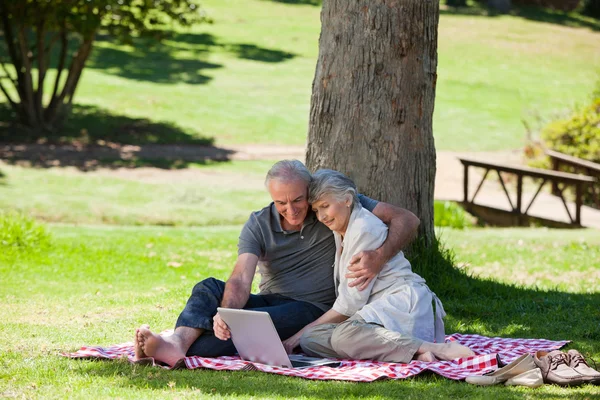 Seniorenpaar picknickt im Garten — Stockfoto