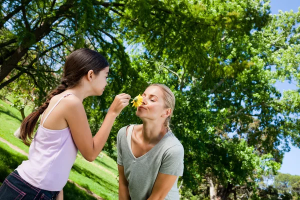 Mother and her daughter with a flower — Stock Photo, Image