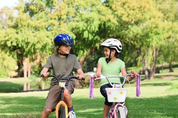 Broer en zus met hun fietsen — Stockfoto