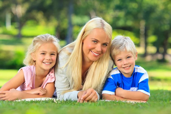 공원에 누워 그녀의 아이 들과 함께 어머니 — 스톡 사진