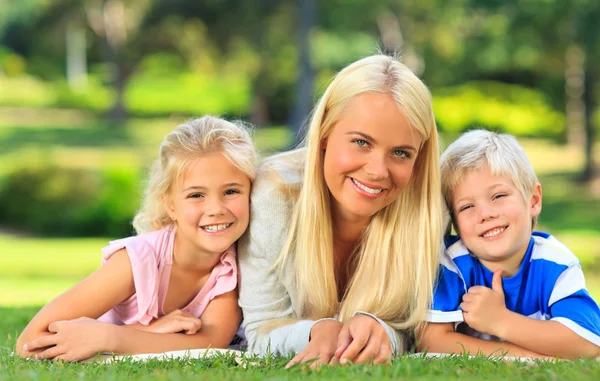 공원에 누워 그녀의 아이 들과 함께 어머니 — 스톡 사진