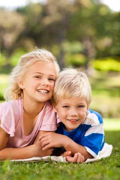 Dreng med sin søster i parken - Stock-foto
