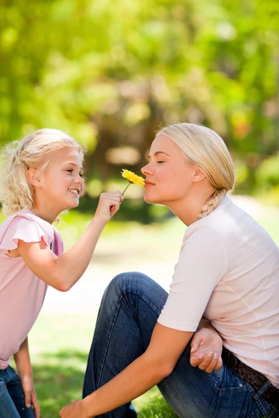 Mãe e sua filha cheirando uma flor — Fotografia de Stock