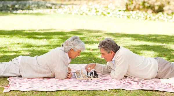 Elderly couple playing chess — Stock Photo, Image