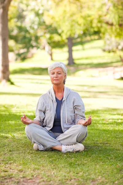Starszy kobieta praktykowania jogi w parku — Zdjęcie stockowe