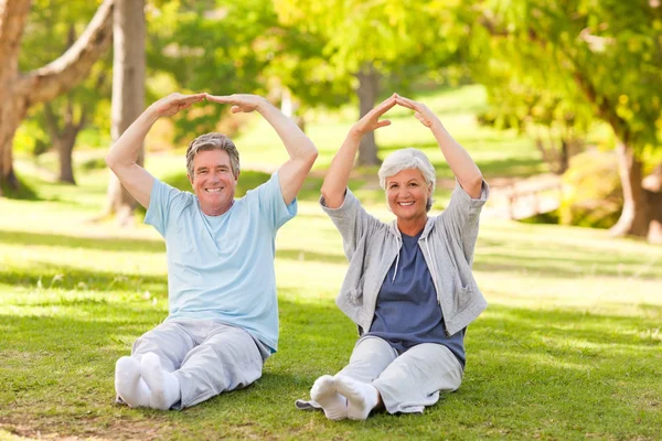 Bejaarde echtpaar doen hun strekt zich in het park — Stockfoto