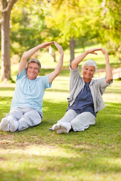 Bejaarde echtpaar doen hun strekt zich in het park — Stockfoto