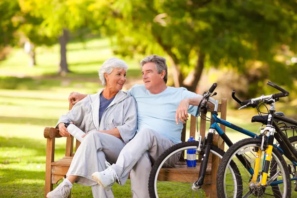 Äldre par med sina cyklar — Stockfoto