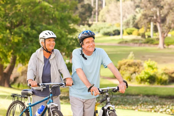 Ältere Paare mit ihren Fahrrädern — Stockfoto