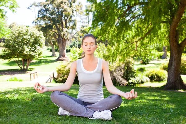 Jeune femme pratiquant le yoga dans le parc — Photo