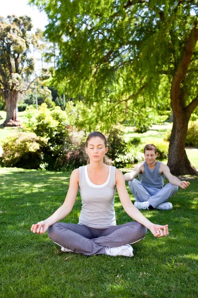 Paar beoefenen van yoga in het park — Stockfoto