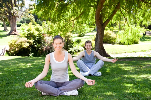 Paar praktiziert Yoga im Park — Stockfoto