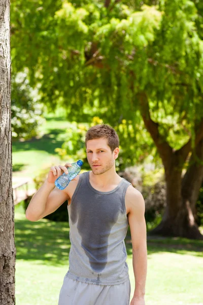 Спортивный человек пьет воду в парке — стоковое фото