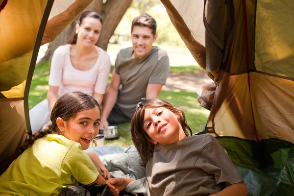 幸福的家庭，在公园里露营 — 图库照片