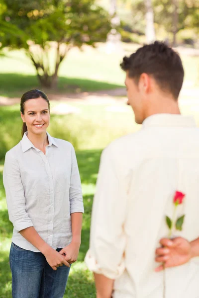 Uomo che offre una rosa alla sua ragazza — Foto Stock
