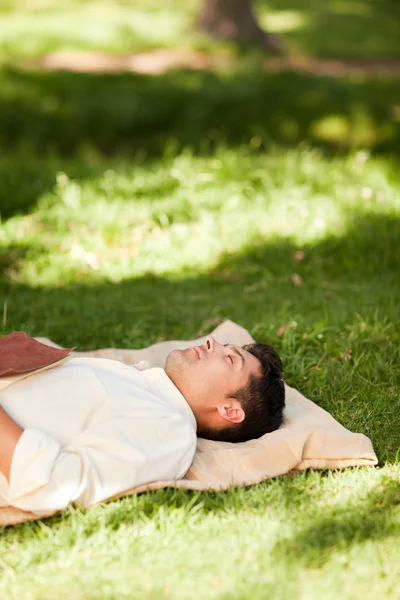 Muž ležící v parku s jeho knihou — Stock fotografie