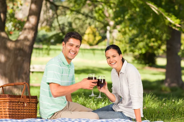 Junges Paar picknickt im Park — Stockfoto
