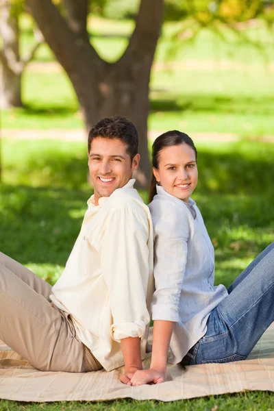 Couple sitting back to back in the park Stock Image