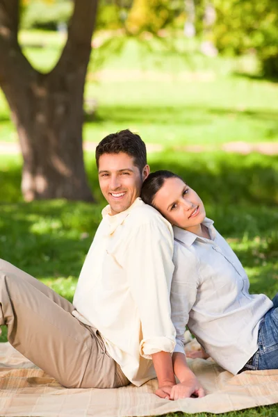 Lovers sitting back to back in the park Royalty Free Stock Photos