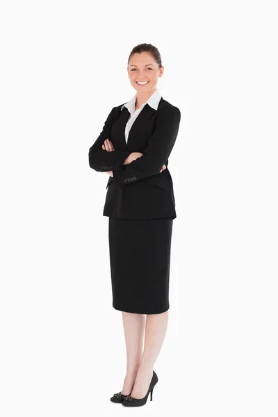 Attraktiv kvinna i kostym poserar — Stockfoto