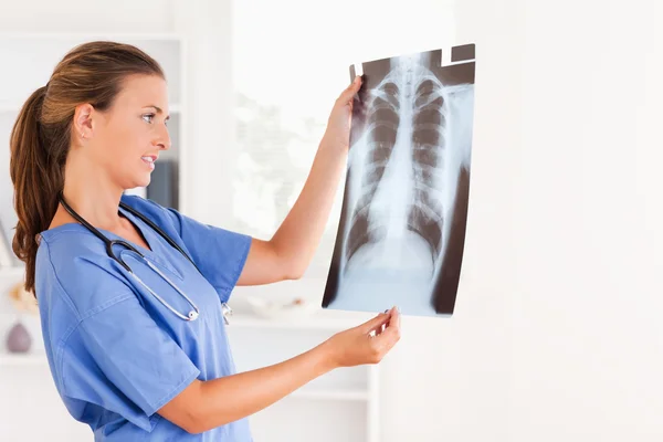 Gut aussehende brünette Ärztin mit Stethoskop und Röntgenbild — Stockfoto