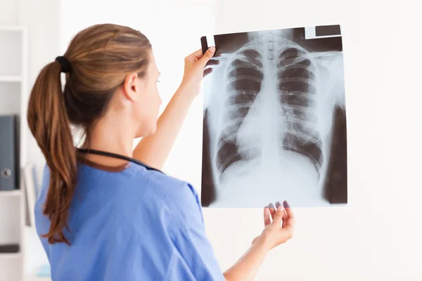 Médico morena lindo com estetoscópio olhando para um raio-x — Fotografia de Stock