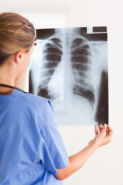 Doutor segurando um raio-x com um estetoscópio em torno de seu pescoço — Fotografia de Stock