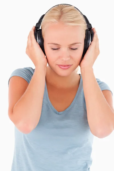 Close up of a woman with headphones — Stock Photo, Image