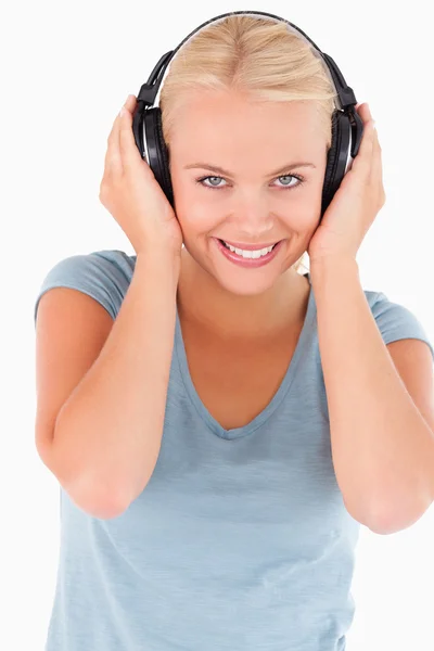 Close up of a cute woman with headphones — Stock Photo, Image
