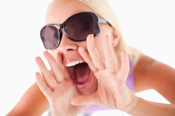 Charming woman with sunglasses in high spirits — Stock Photo, Image