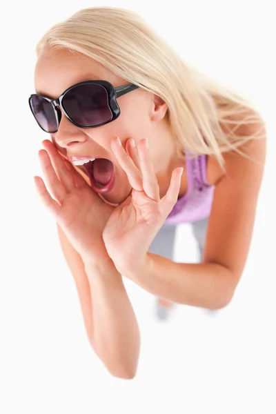Cheerful woman with sunglasses — Stock Photo, Image