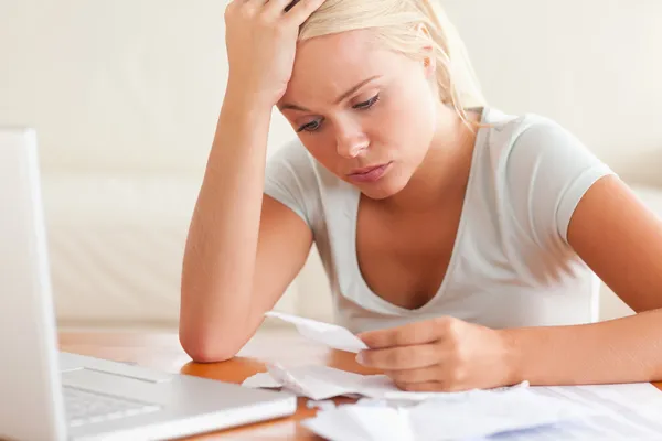 Worn out woman accounting — Stock Photo, Image