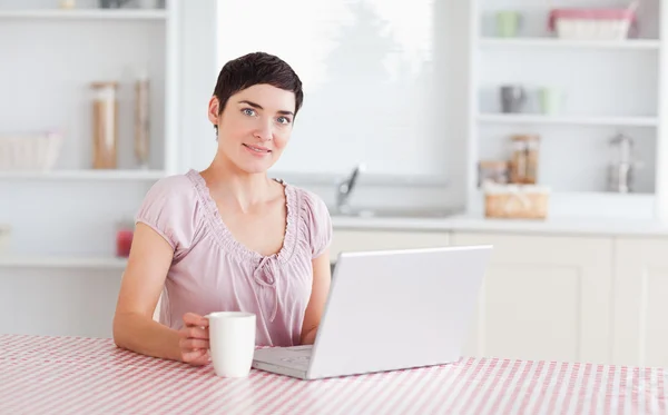 Preciosa mujer trabajando con un portátil sosteniendo una taza —  Fotos de Stock