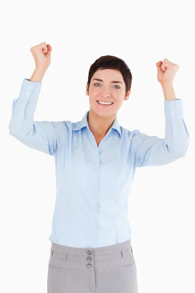 Retrato de una alegre mujer de negocios con los puños en alto —  Fotos de Stock