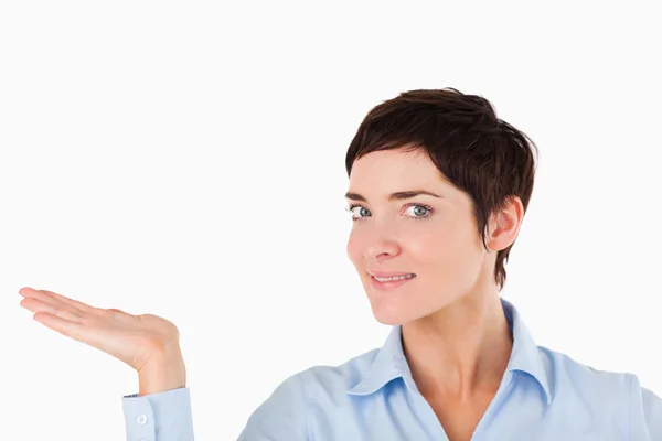 Close up of a businesswoman showing a copy space — Stock Photo, Image