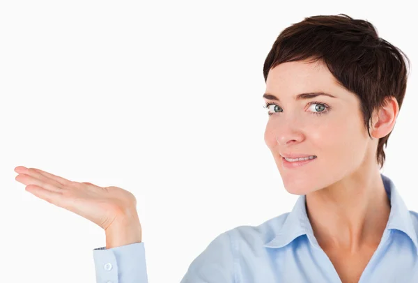 Close up of a woman showing a copy space — Stock Photo, Image