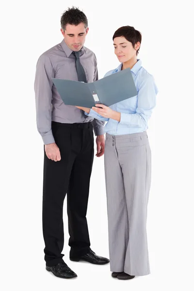 Coworkers looking at a binder — Stock Photo, Image