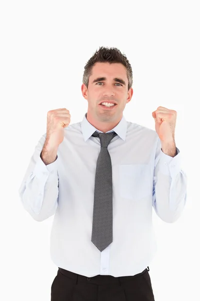 Portrait of a cheerful businessman with the fists up — Stock Photo, Image