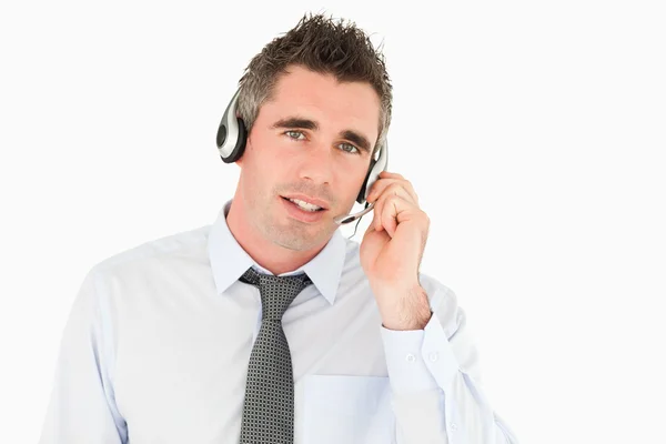 Operator speaking through a headset — Stock Photo, Image