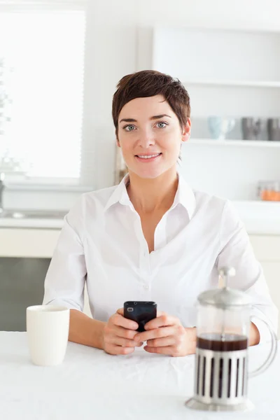 Sevimli kadın mutfakta cep telefonu ile — Stok fotoğraf