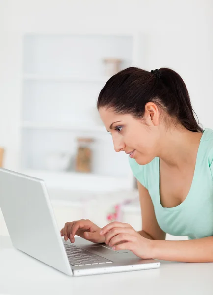 Nette junge Frau konzentriert sich auf Laptop — Stockfoto